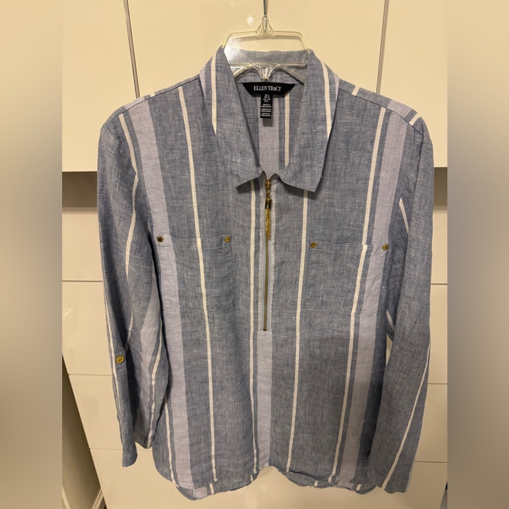 Ellen Tracy Chambray and White Striped Blouse